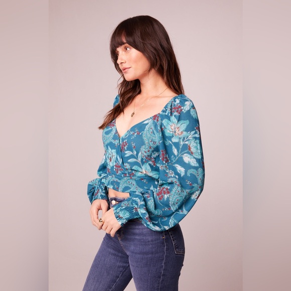 Band Of The Free SYBILLE TEAL FLORAL CROSSOVER CROP TOP - Picture 4 of 5